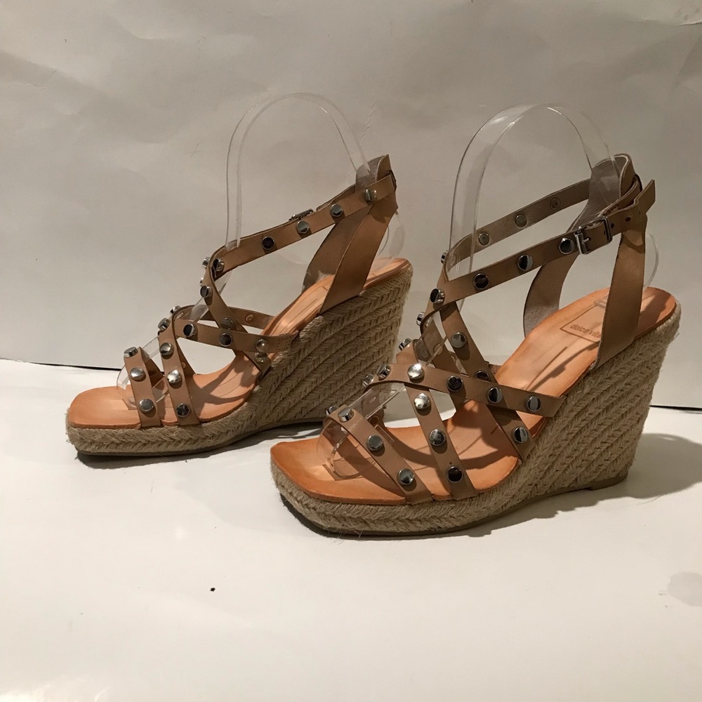 Dolce Vita Maxton Tan Espadrille Strappy Studded Square Toe Wedge Sandals 6 1/2 - Picture 3 of 15